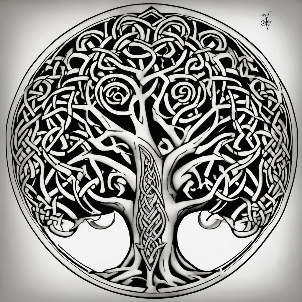 Irish shoulder tattoo, that is non-religious and has a Celtic tree half sleeve tattoos for men(AIが生成した白黒スタイルのタトゥーデザイン)